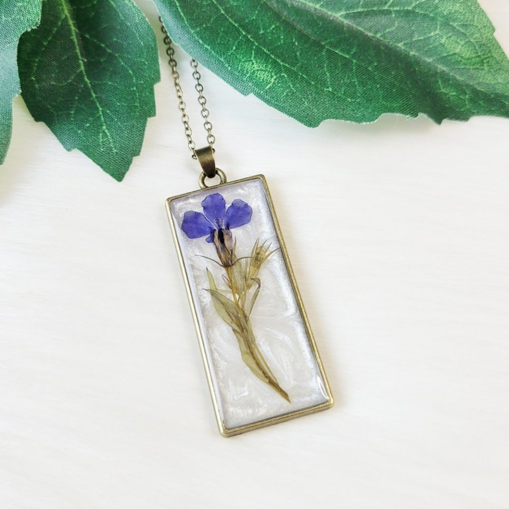 Floral Pendant Necklace Blue Pearl White Pressed Dried Flower Rectangle Bezel